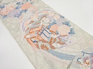 アンティーク 九百錦プラチナ箔 鳳凰に御所車・草花模様織り出し袋帯(材料)